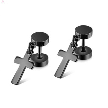 Punk Statement Barbell Stud Acero inoxidable Drop Hanging Cross Hombres Pendientes